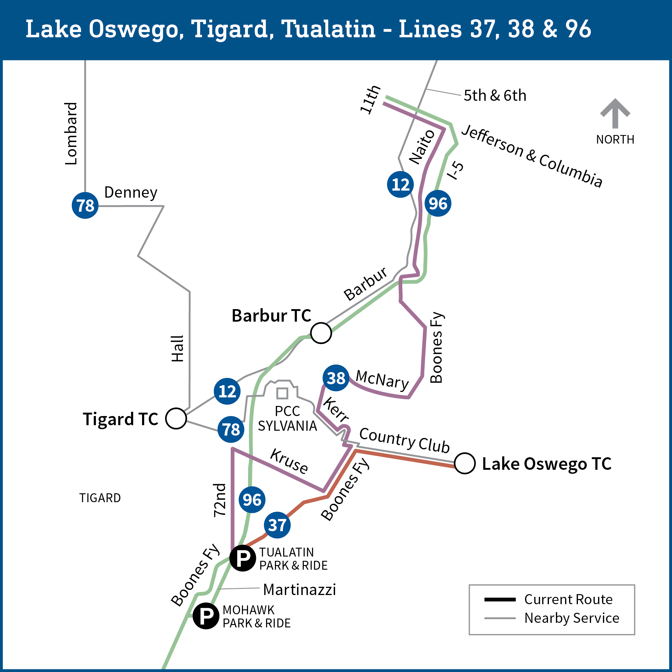 Lake Oswego,Tigard 和Tualatin 区域地图显示了 12、37、38、78 和 96 号线路的当前 "公交 路线"。