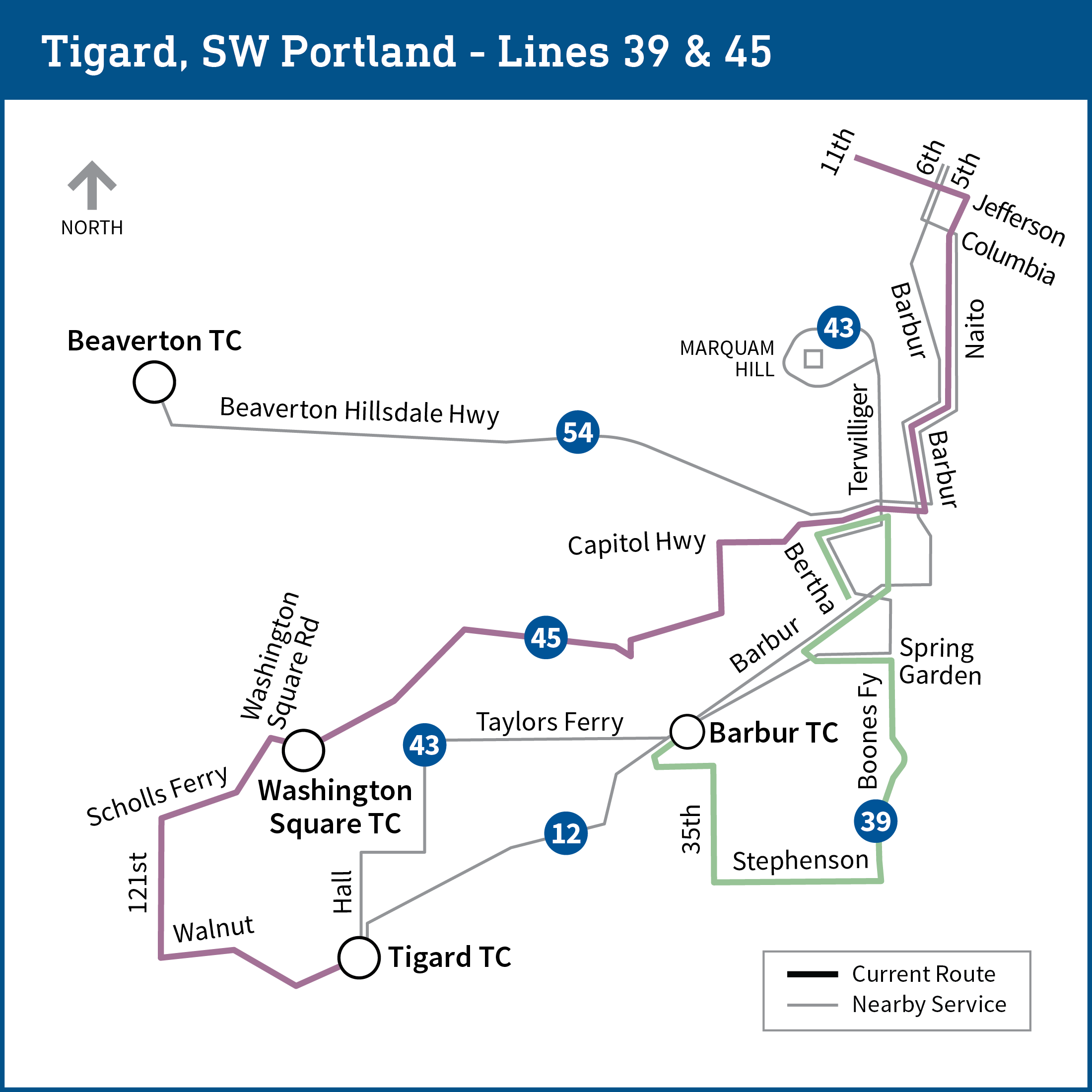 Tigard 和西南Portland 地区的地图显示了当前路线 公交线路 12、39、43、45 和 54，地图上突出显示了以下 中转中心：Beaverton,Washington Square、Tigard 和 Barbur。