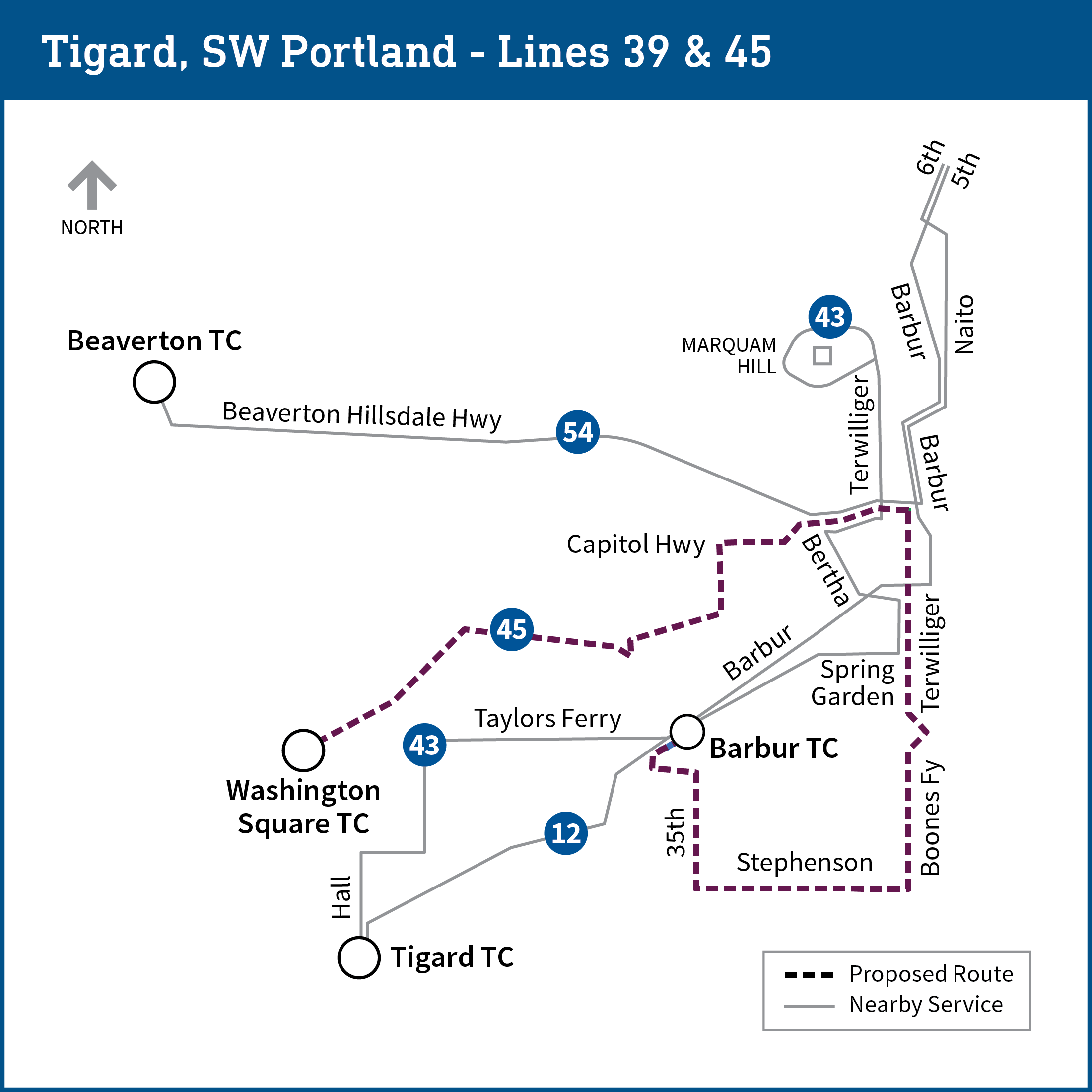 Tigard 和西南Portland 地区的地图显示了公交 12、39、43、45 和 54 号线的更改建议，地图上突出显示了以下 中转中心：Beaverton,Washington Square、Tigard 和 Barbur。 根据这些变化，39 号线将被取消，45 号线将进行调整，既取代 39 号线的服务，又减少其他线路的服务。更多详情请参见本页。