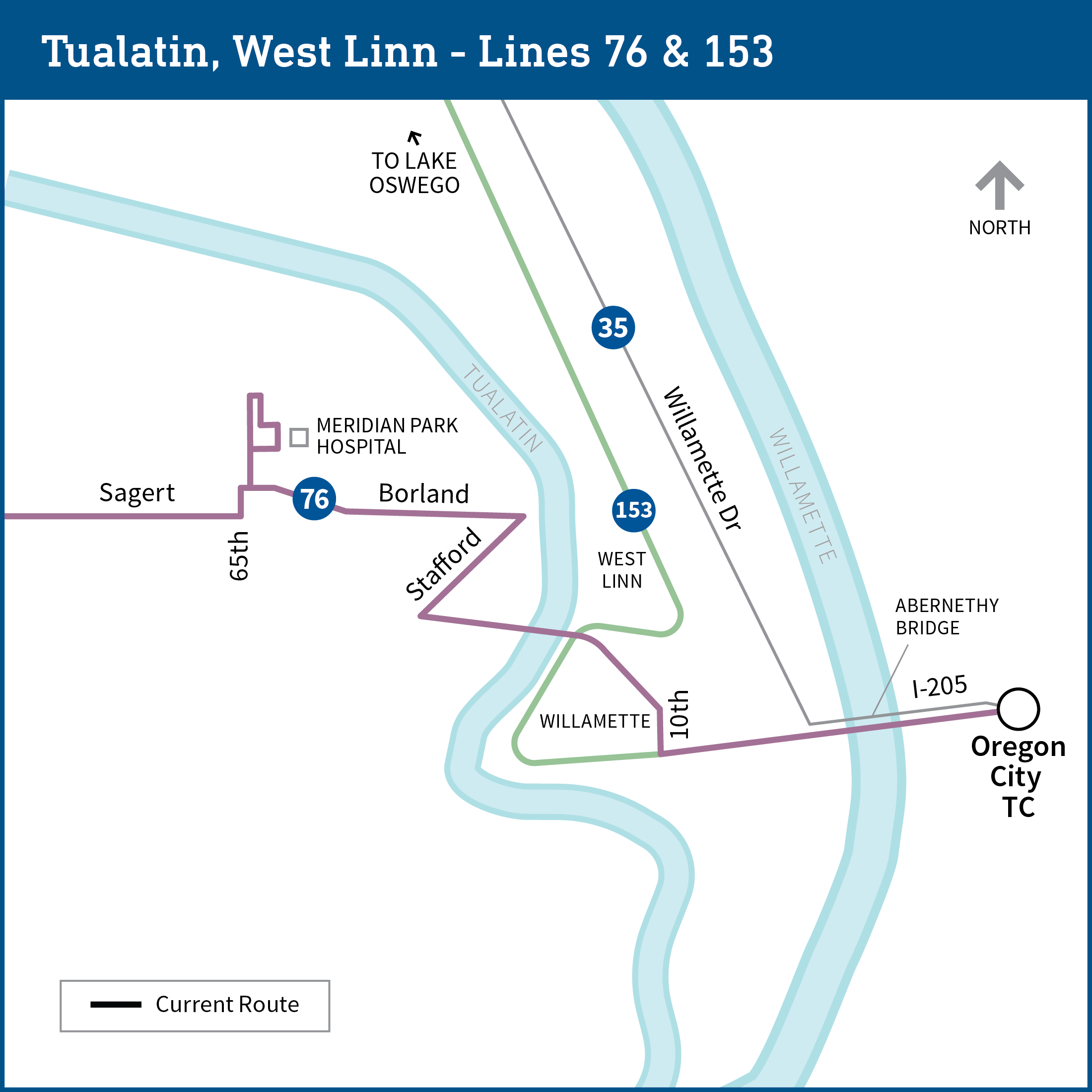 West Linn 及周边地区地图显示了当前 35、76 和 153 号线路的公交 路线。
