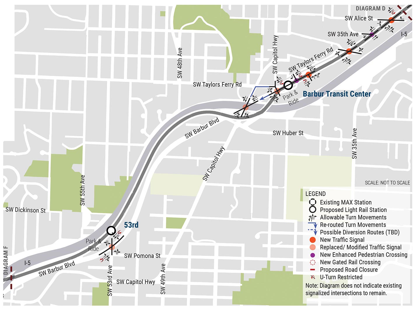 Barbur Transit Center and 53rd Station areas map