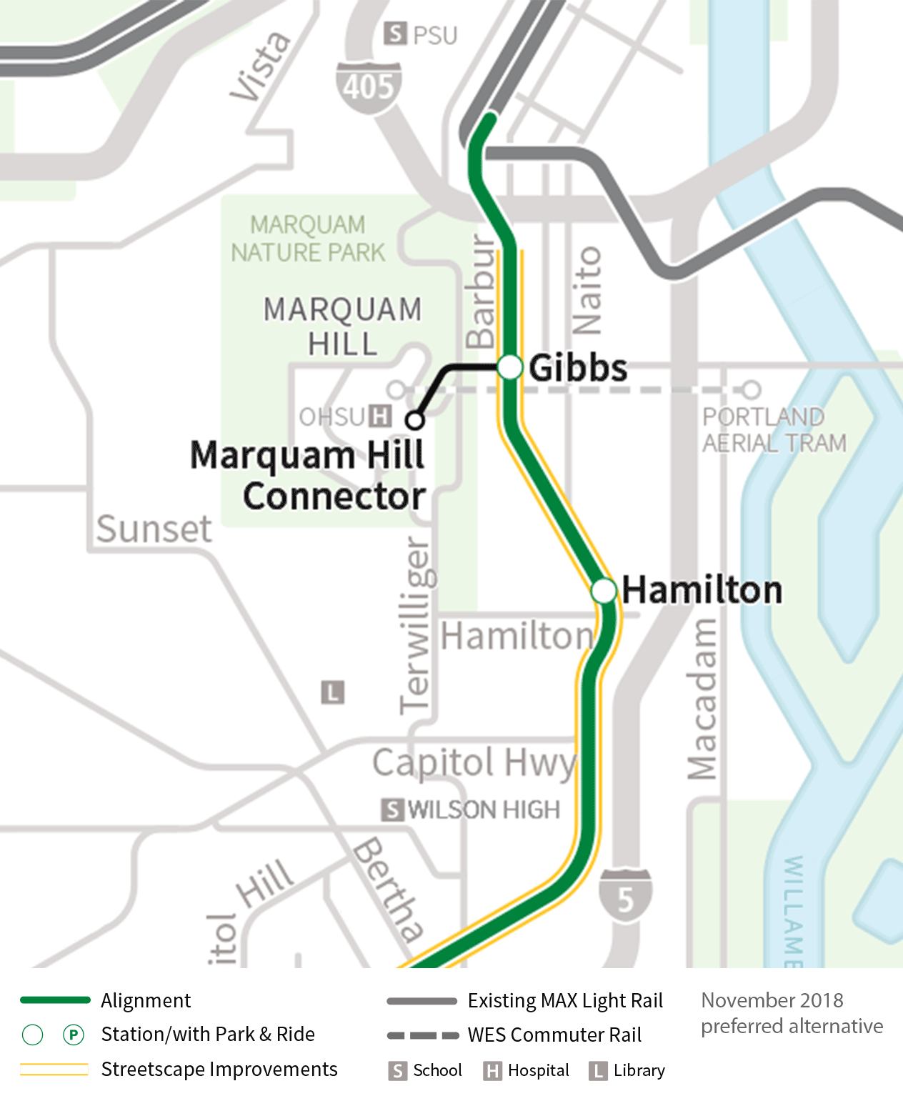 Downtown Portland to Marquam Hill map