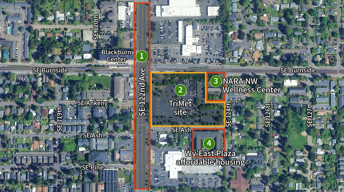 Aerial photo of E 122nd/Menlo Park Park and Ride showing nearby locations